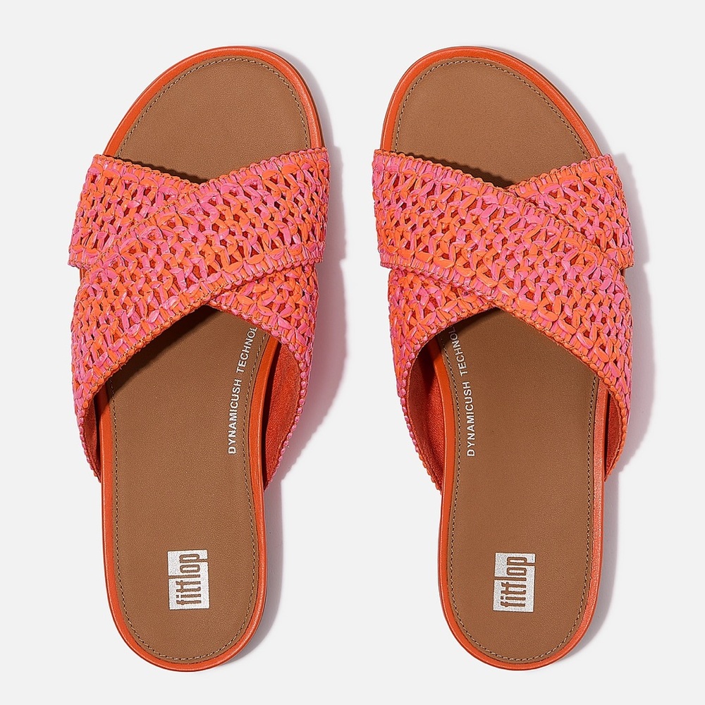 FitFlop Gracie Woven Crisscross Slide Sandals Raffia Pink US 9 Comfort Slides